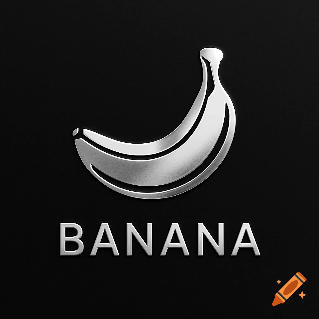 A shiny metallic banana logo with the word BANANA in metallic 3D text below it, on a dark background.