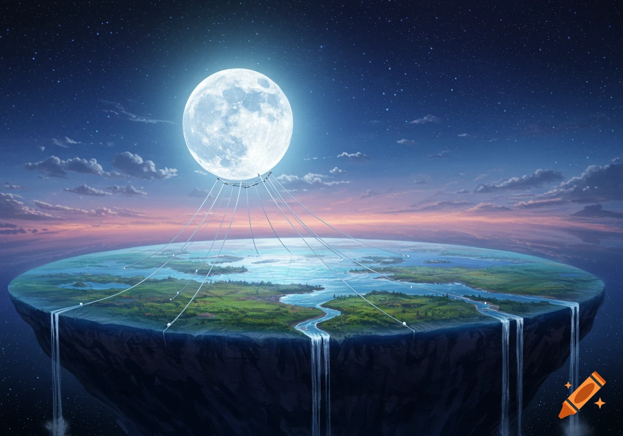 A large, glowing full moon is anchored by cables to a flat Earth with green landscapes, rivers, and waterfalls cascading into space, under a starry twilight sky.