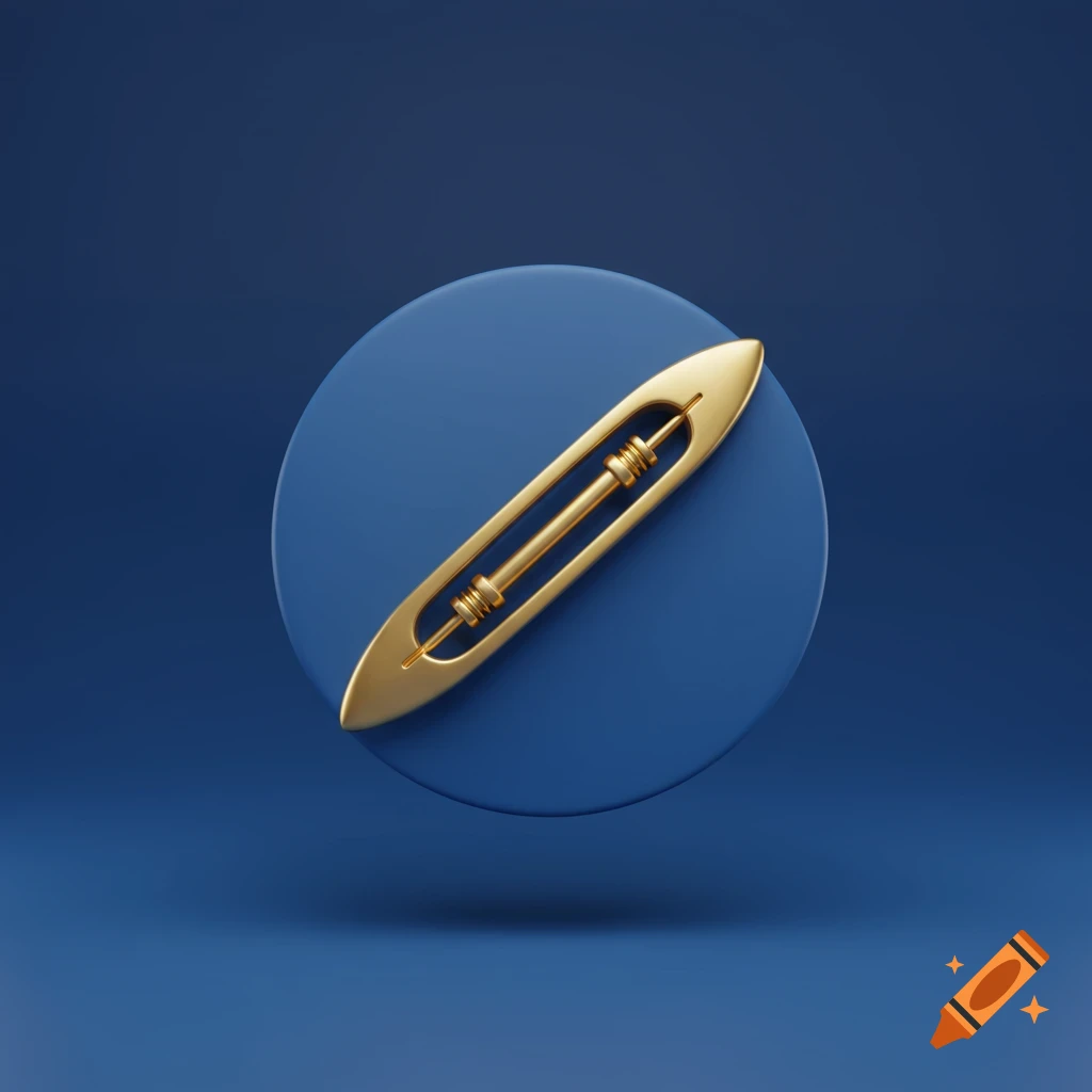 A golden weaving shuttle diagonally on a dark blue circle, set against a deep blue background in a clean 3D render style.