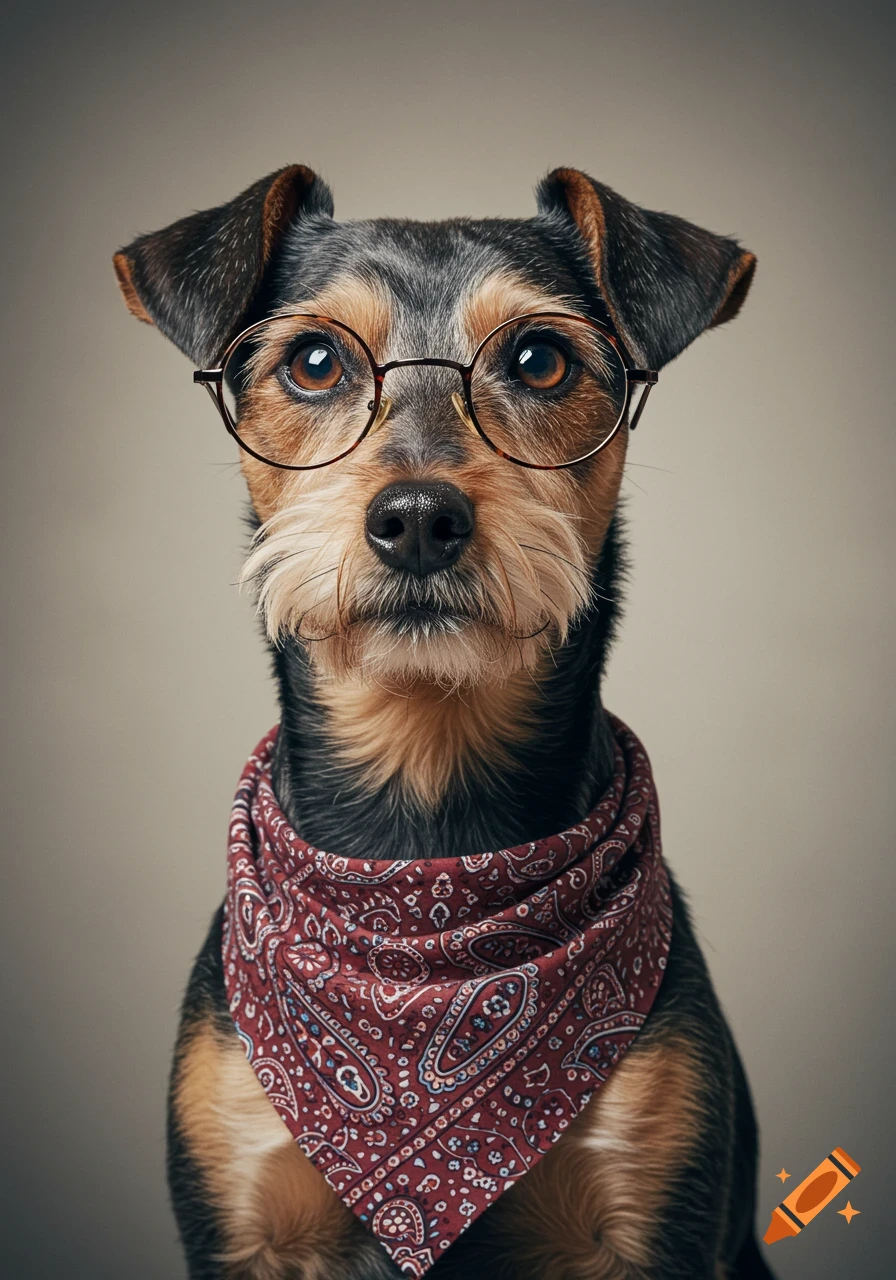 Close-up photorealistic portrait of a terrier dog wearing round glasses and a red paisley bandana.