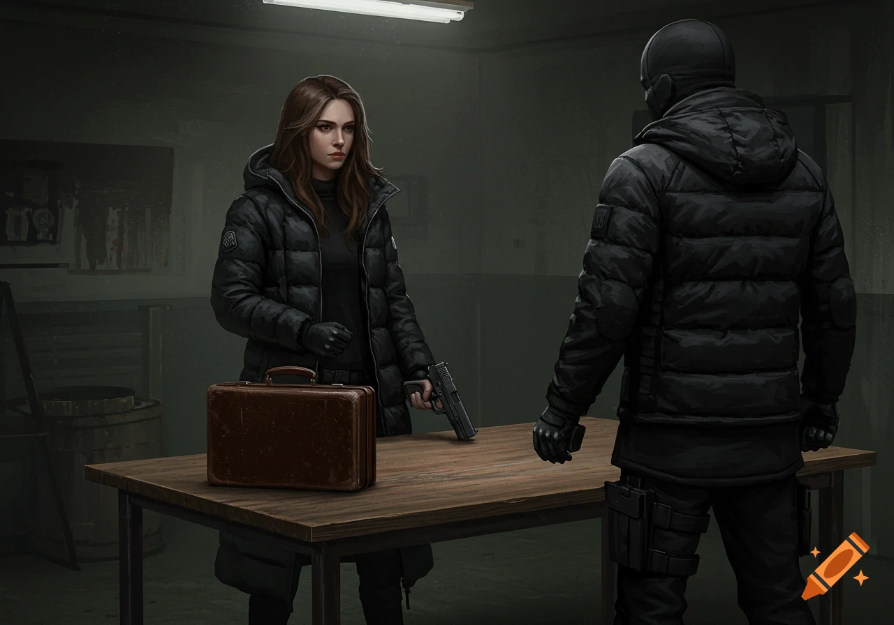 A woman in a black puffer coat and gloves holds a pistol while standing at a table with a briefcase, facing a masked person in a black hooded outfit in a dimly lit room.