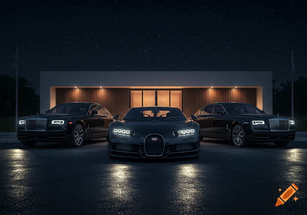 Black Bugatti Chiron and two Rolls-Royce cars parked outside a modern luxury building at night, with reflections on wet ground.