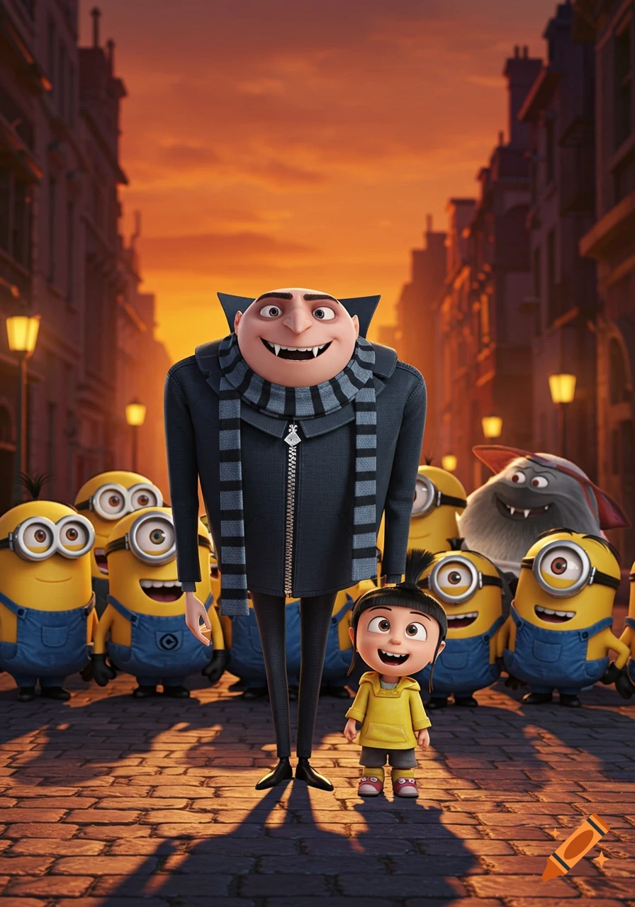 Gru, Agnes, Minions, and a monster-like character with vampire teeth grin playfully on a cobblestone street at sunset.
