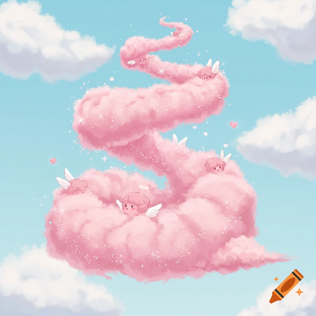 A large pink cotton candy cloud with cute winged cherub-like creatures, glitter, and hearts in a blue sky.