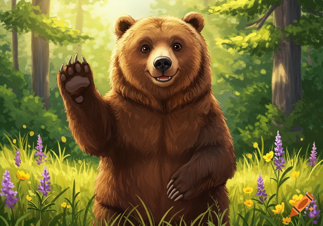 A friendly, brown grizzly bear waves, standing in a sunny green forest with purple and yellow wildflowers.