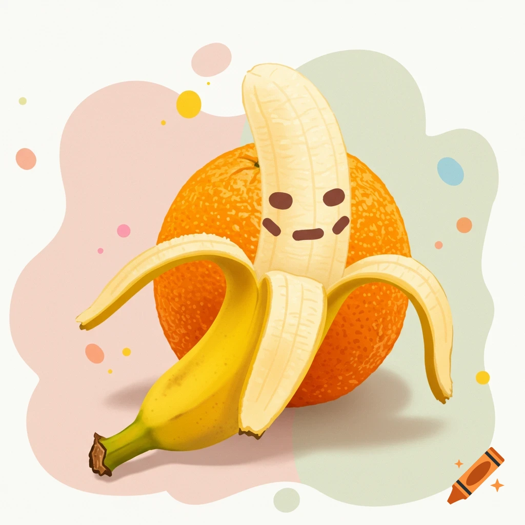 A peeled banana with a simple smiley face stands in front of an orange, rendered in a bright cartoon style.