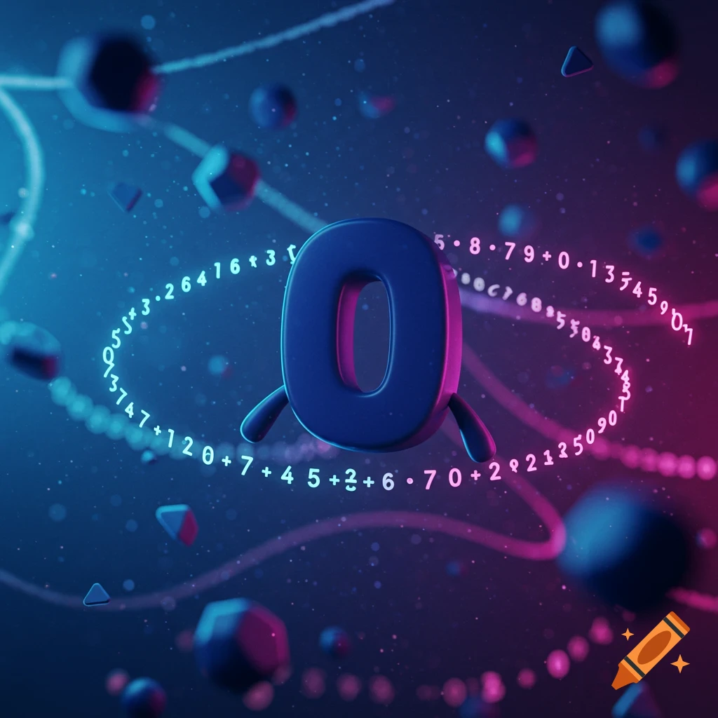 A large, glowing blue and pink 3D number zero floats in a dark, star-filled space, surrounded by smaller numbers and geometric shapes.