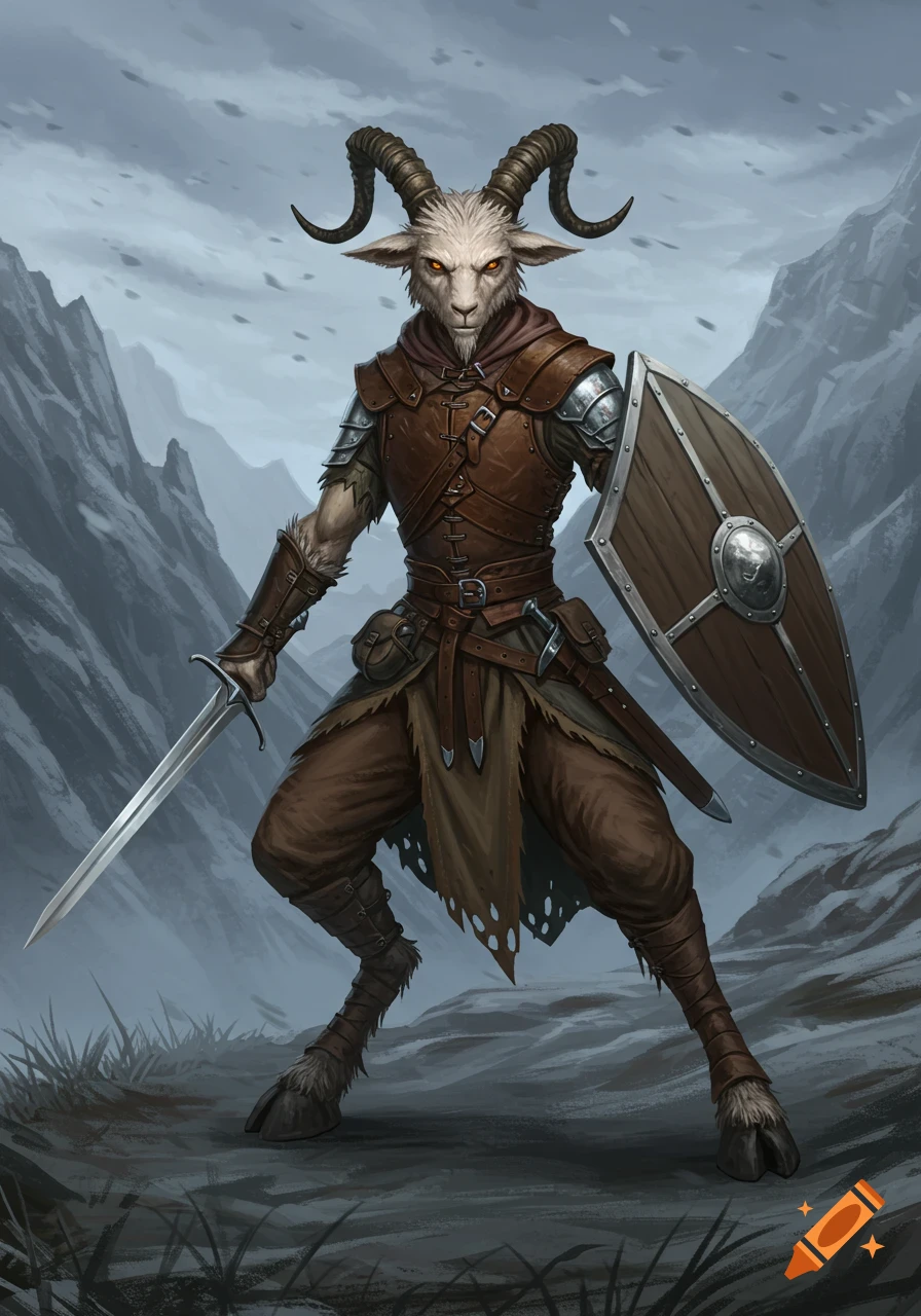 A goat-like bipedal creature in brown leather armor, holding a sword and shield, stands in a mountain landscape.