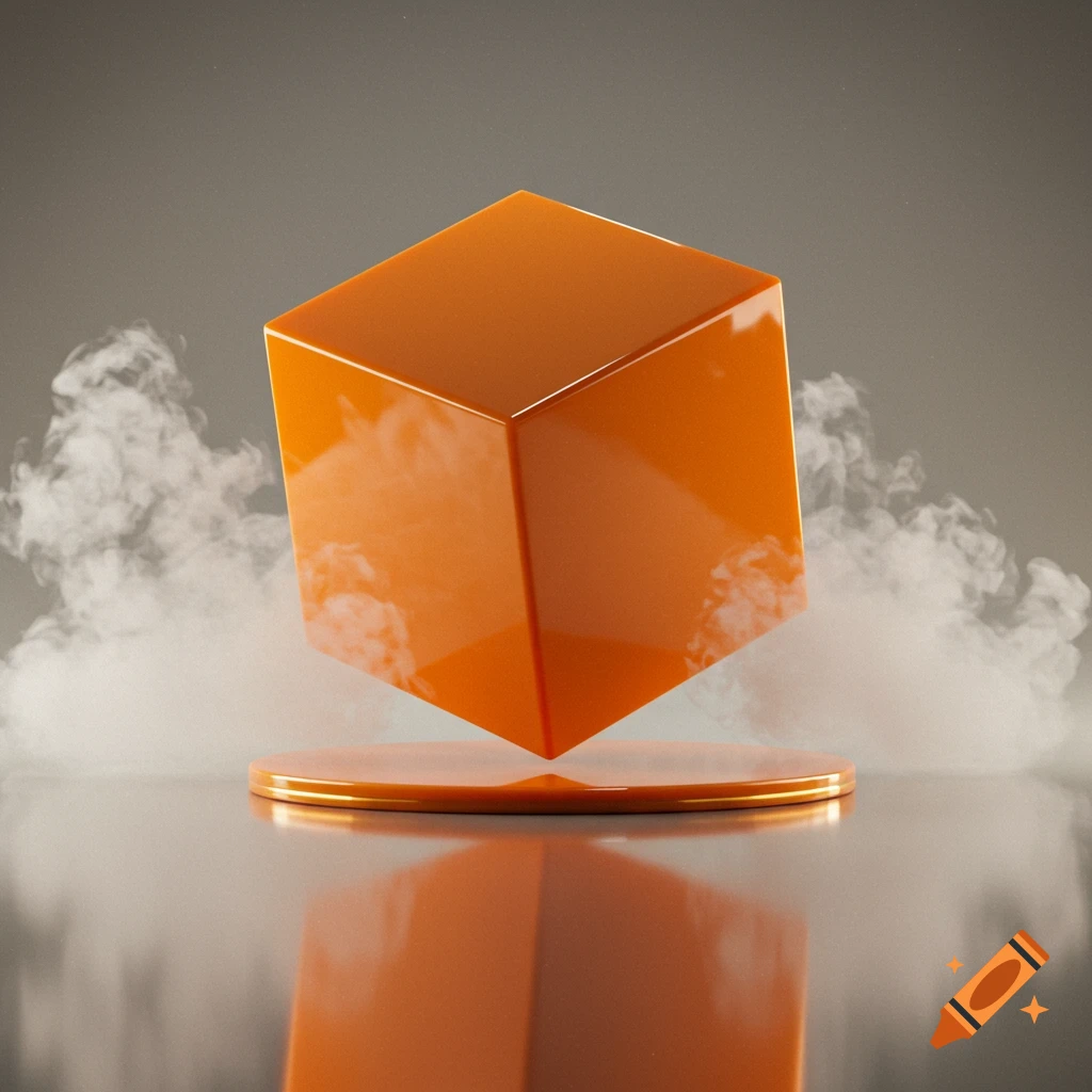 A shiny orange cube floats above a reflective circular base with white smoke around it, against a gray background.