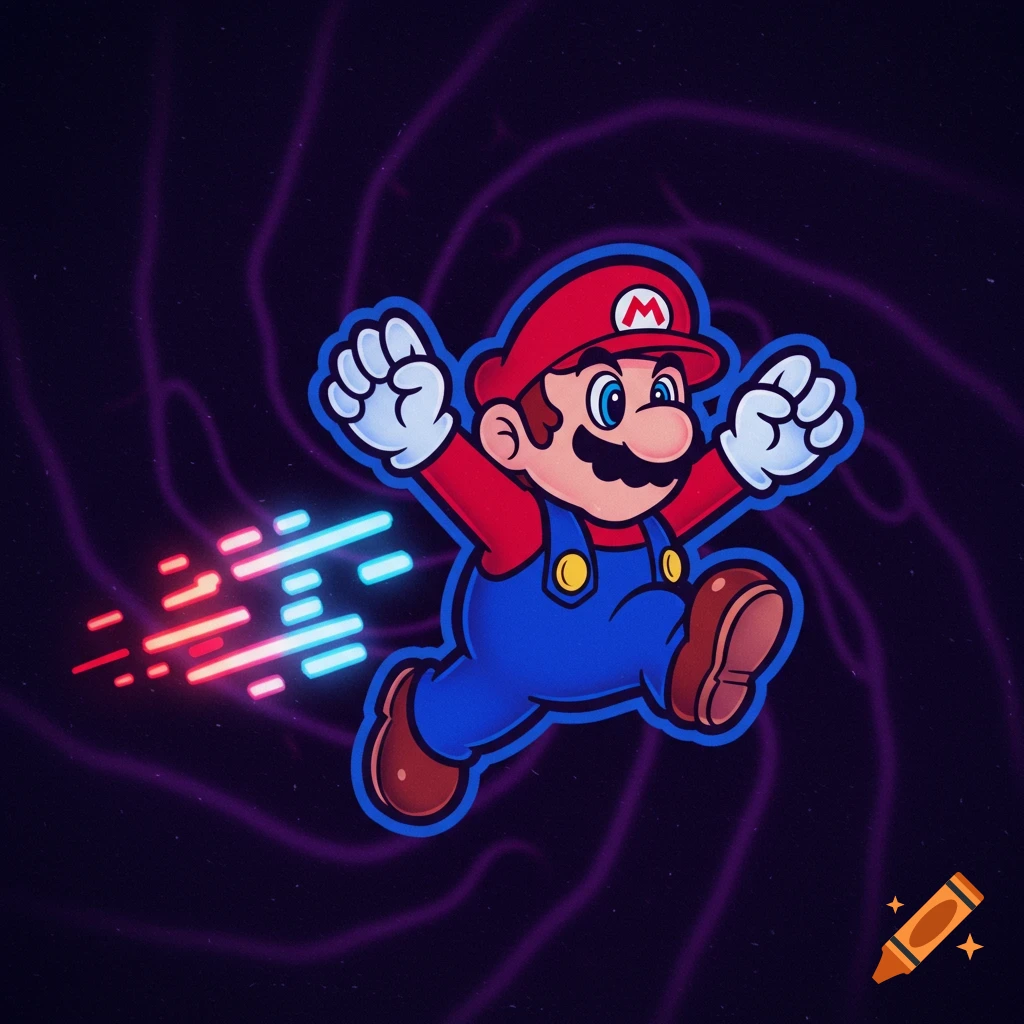 A vibrant 2D sticker illustration of Mario leaping forward with bright red and blue neon motion trails against a dark, swirling background.