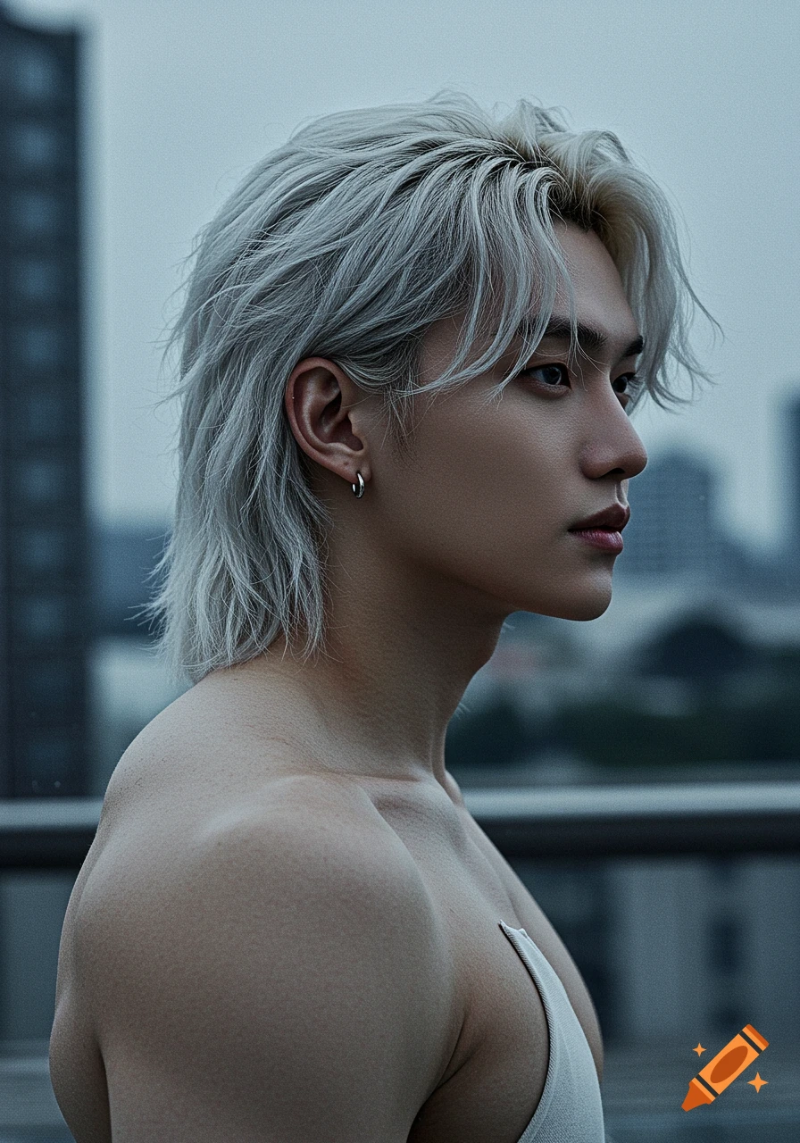 Photorealistic portrait of a young man with long, wavy silver hair and muscular shoulders, looking right, with a city blurred in the background.