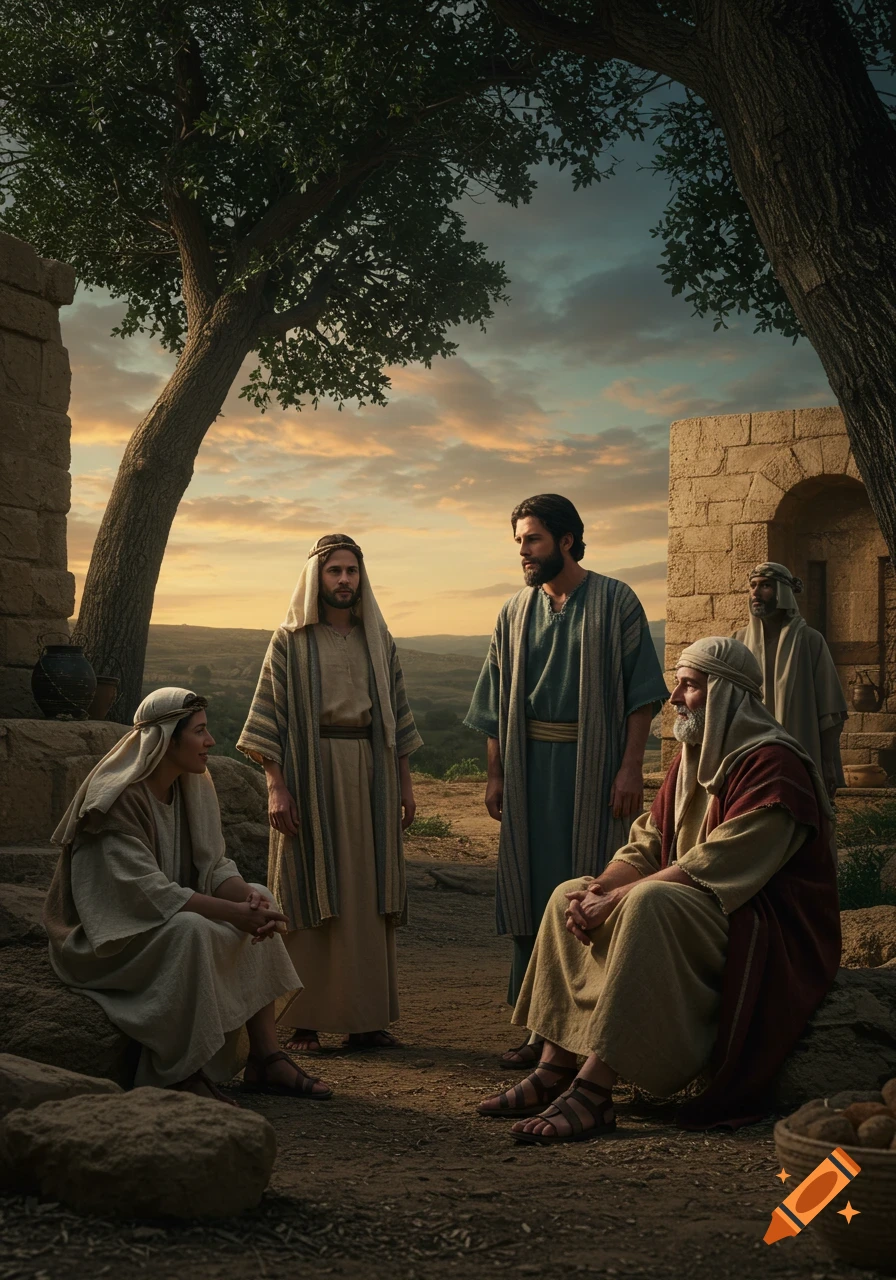 A group of people in ancient Middle Eastern attire are gathered outdoors under trees at sunset, with stone structures in the background, in a photorealistic style.