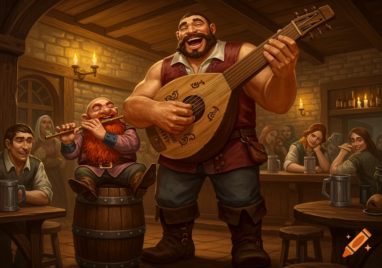 A laughing giant bard plays a lute while a dwarf plays a flute in a lively fantasy tavern, entertaining patrons.