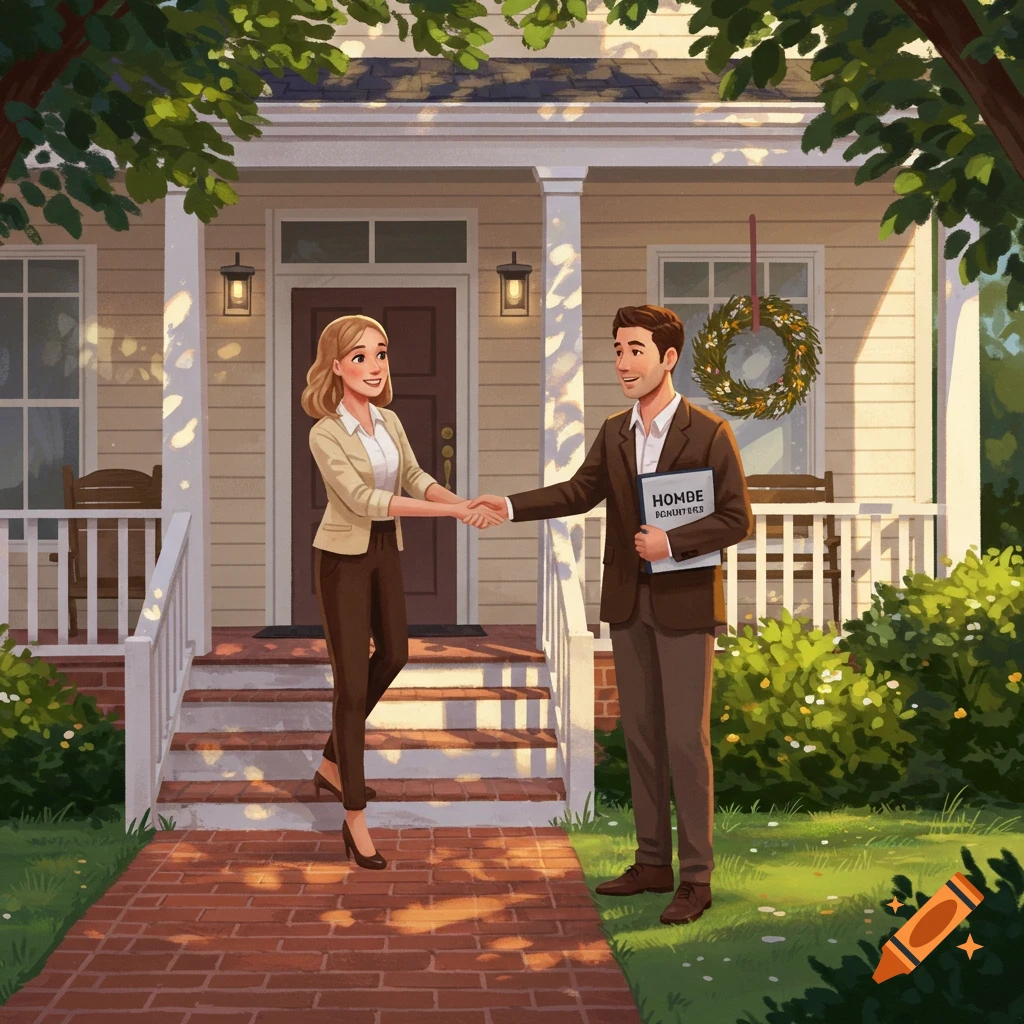 An illustration of a male realtor and a female purchaser shaking hands in front of a house on a sunny day.