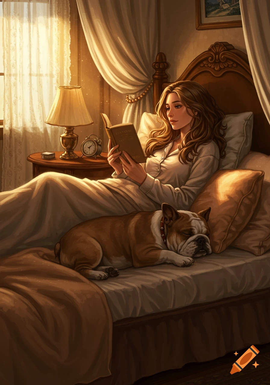 A woman with long hair reads a book in bed next to a sleeping bulldog in a warm, cozy room.