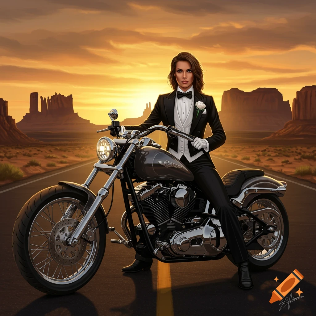 A woman in a black tuxedo and white gloves sits on a dark gray motorcycle, parked on a desert road with large rock formations under a sunset sky.