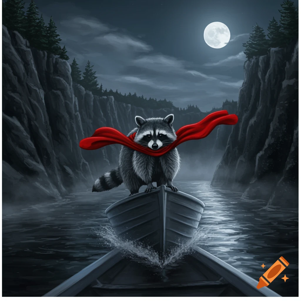 An illustrated raccoon with a red cape stands in a small boat on a dark river at night, with cliffs, pine trees, and a full moon.