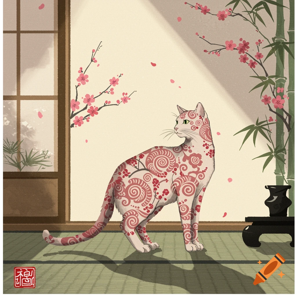 A Japanese-style illustration of a white cat with intricate red floral and spiral patterns, standing in a traditional room with cherry blossoms and bamboo.