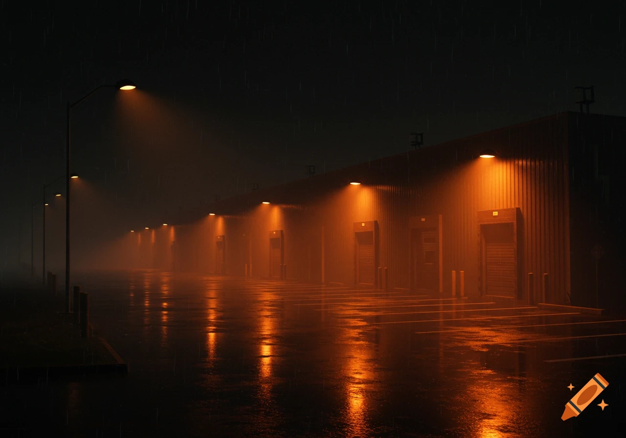 A dark and rainy night scene of a warehouse exterior with orange streetlights illuminating a wet ground and casting reflections.