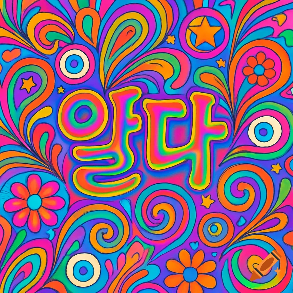 A vibrant psychedelic background with colorful swirls, flowers, and the Korean text '알다' in the center.