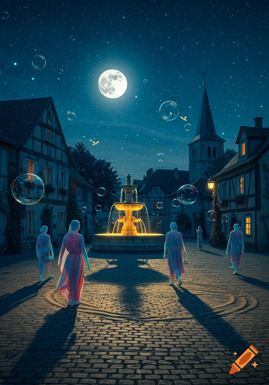 A full moon illuminates a charming European town square at night, with a glowing fountain and translucent figures walking amidst floating bubbles.