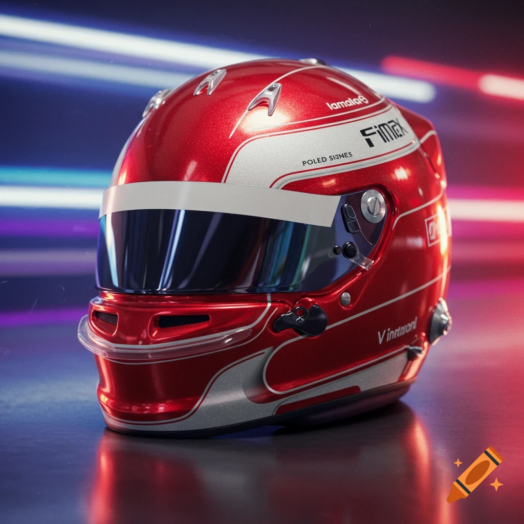 A glossy red and silver Formula 1 racing helmet with a dark visor sits on a dark reflective surface.