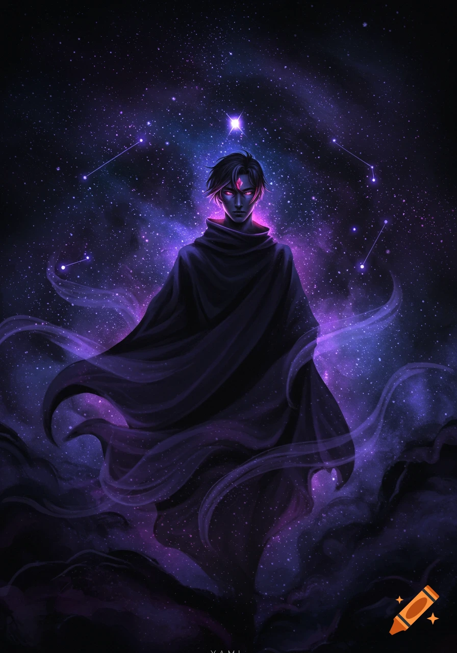 A mystical cloaked figure with glowing red eyes against a vibrant purple and blue galaxy with stars and constellations.