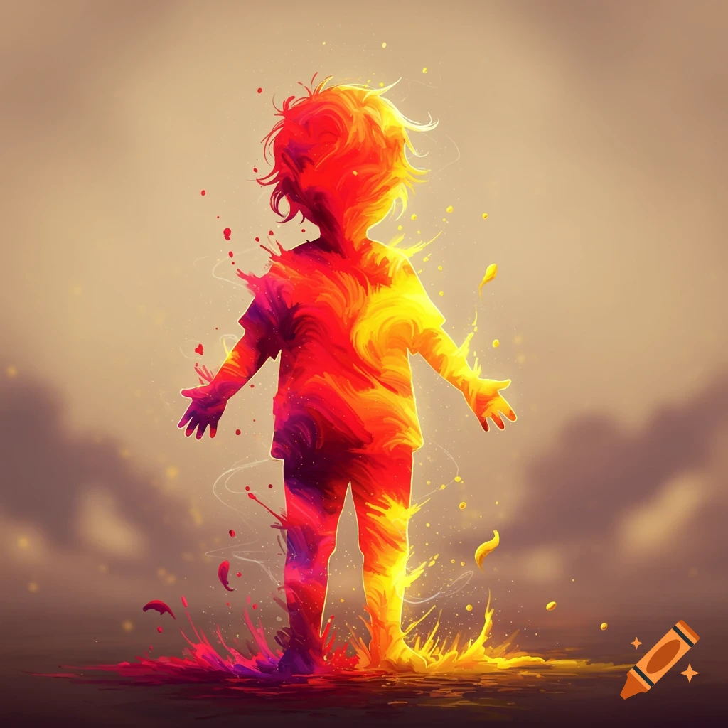 A child's silhouette is filled with swirling red, orange, yellow, and purple colors, with paint splatters around.