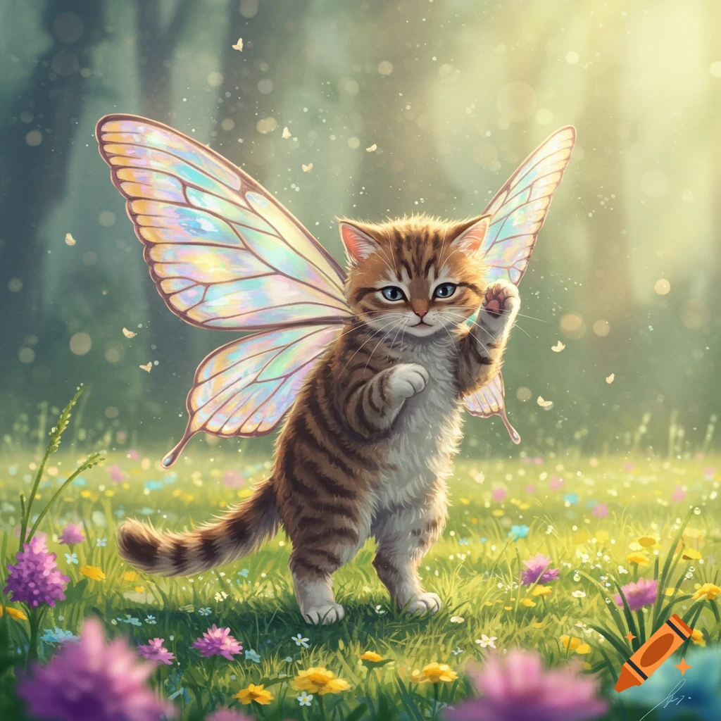 A cute tabby kitten with iridescent butterfly wings stands in a vibrant meadow filled with colorful wildflowers, raising one paw.