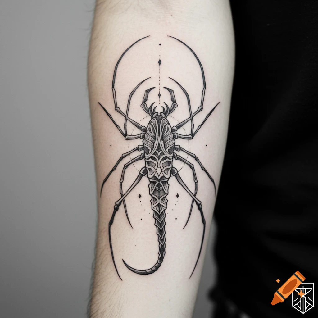 A detailed blackwork tattoo of a tailless whip scorpion on a person's arm.