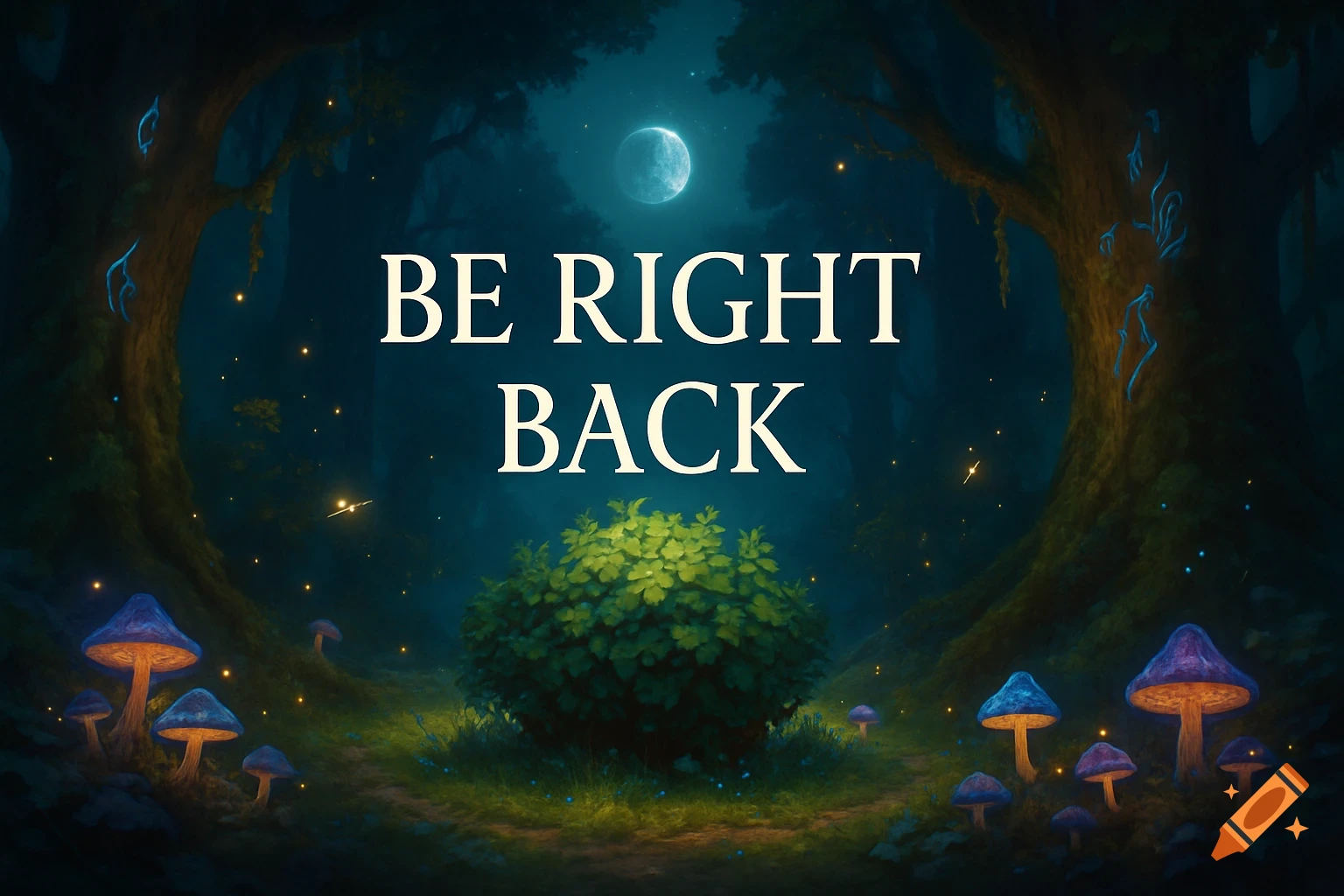 A fantasy forest at night with a large, glowing full moon in the sky. The foreground features a lush green bush surrounded by glowing blue and purple mushrooms. The text "BE RIGHT BACK" is prominently displayed in the center of the image.