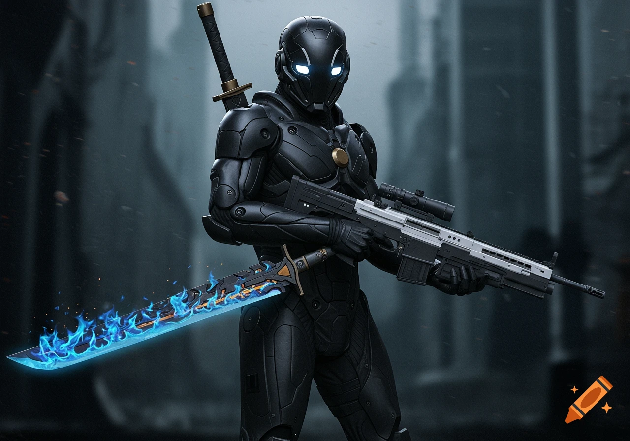 A matte black exoskeleton with glowing blue eyes holds a rifle and a glowing blue flame sword in a dark, futuristic setting.