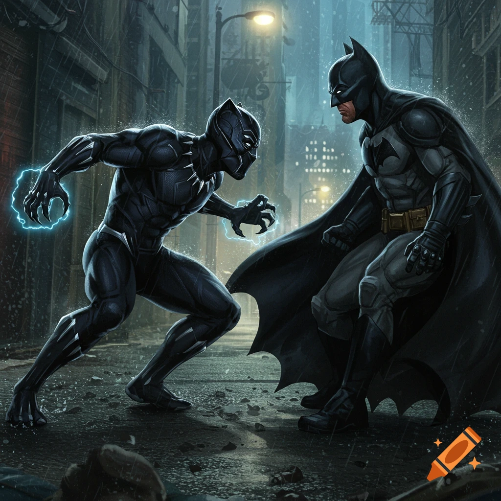 Black Panther with glowing hands faces Batman in a dark, rainy city alley in a comic art style.
