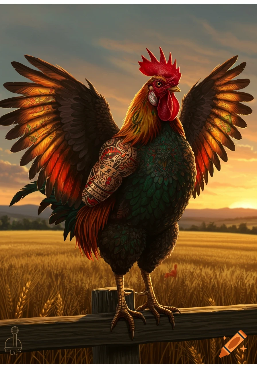 A majestic rooster with intricate tattoos on its wings and body stands on a wooden fence in a golden field at sunset.