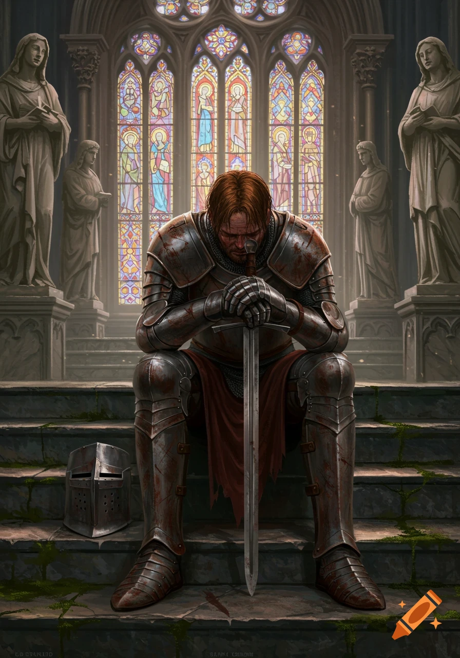 A medieval knight in blood-splattered armor sits exhausted on church steps, holding his sword, with stained glass windows behind him.