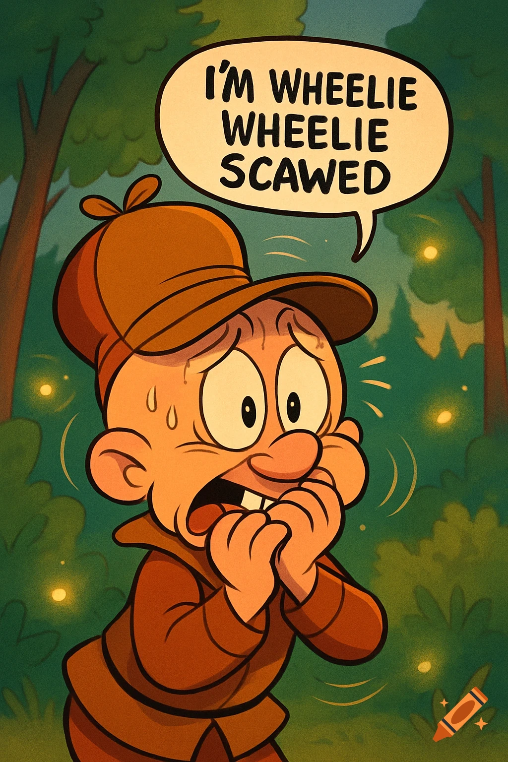 Cartoon Elmer Fudd, eyes wide and biting his nails, looks terrified in a dark forest with glowing fireflies. A speech bubble reads, 'I'M WHEELIE WHEELIE SCAWED'.
