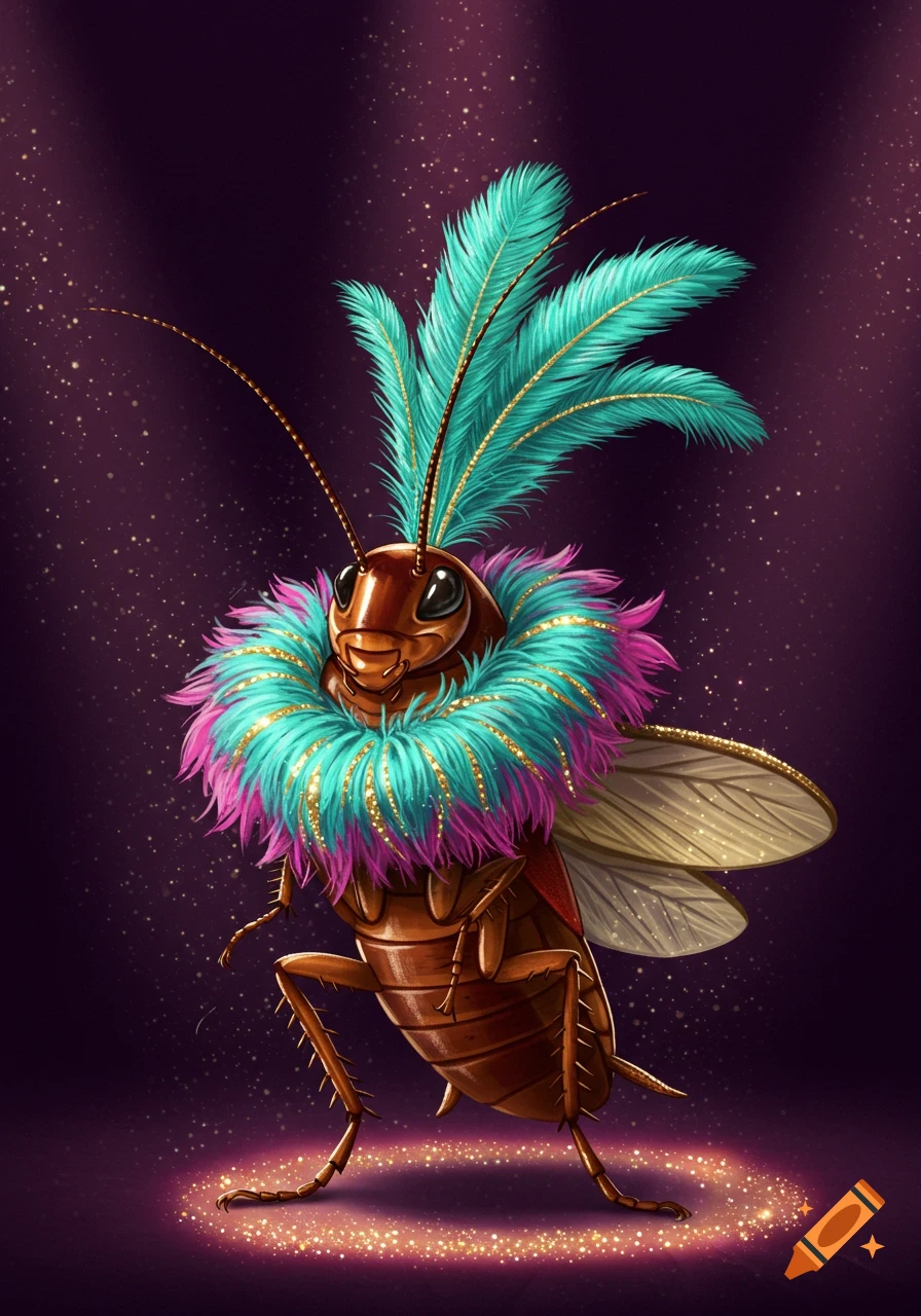 A stylized illustration of a cockroach wearing a teal and pink feather boa and headpiece, standing on a sparkling stage.