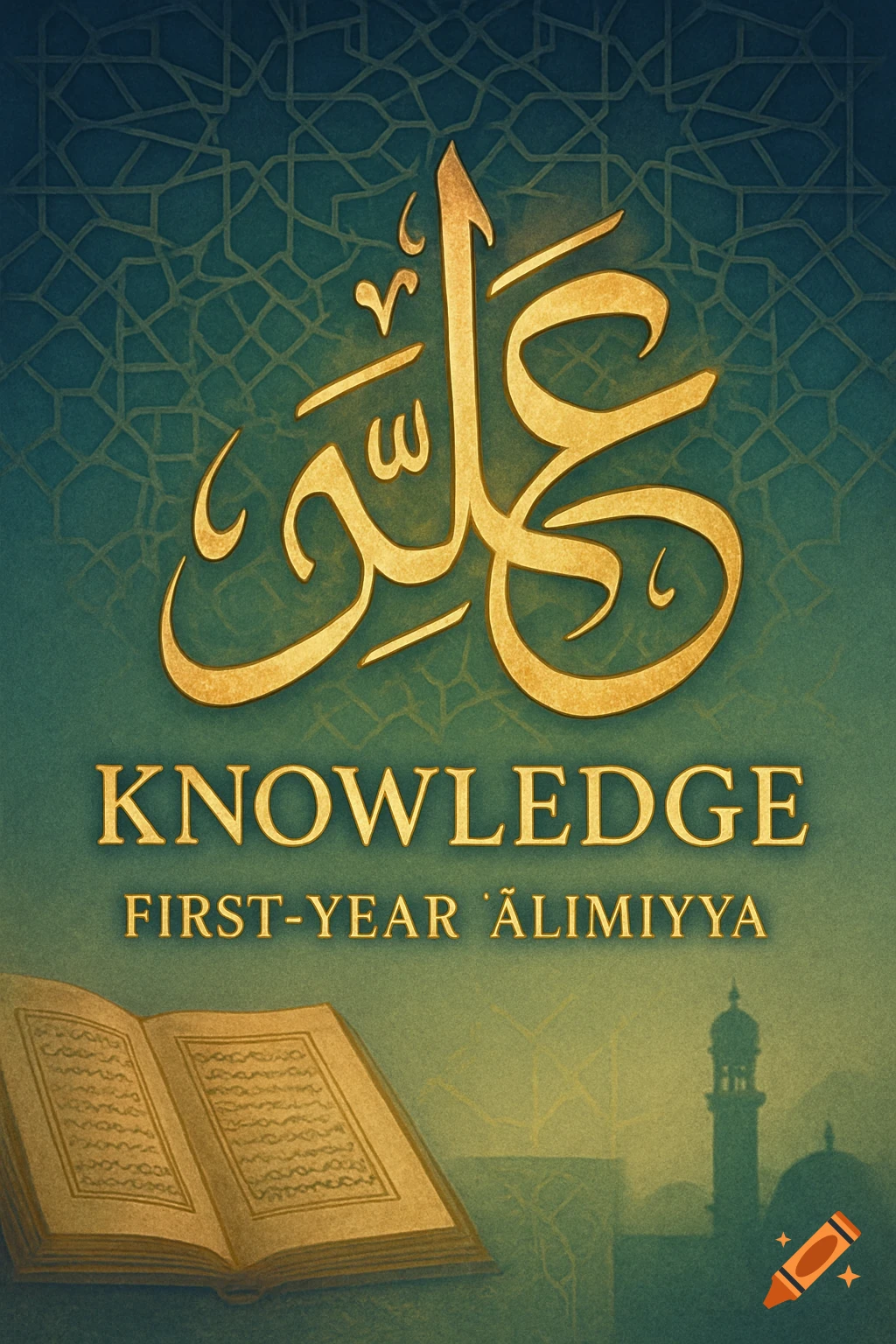 Golden Arabic calligraphy above the English words "KNOWLEDGE FIRST-YEAR 'ĀLIMIYYA" on a teal background, with an open book and a mosque silhouette below.
