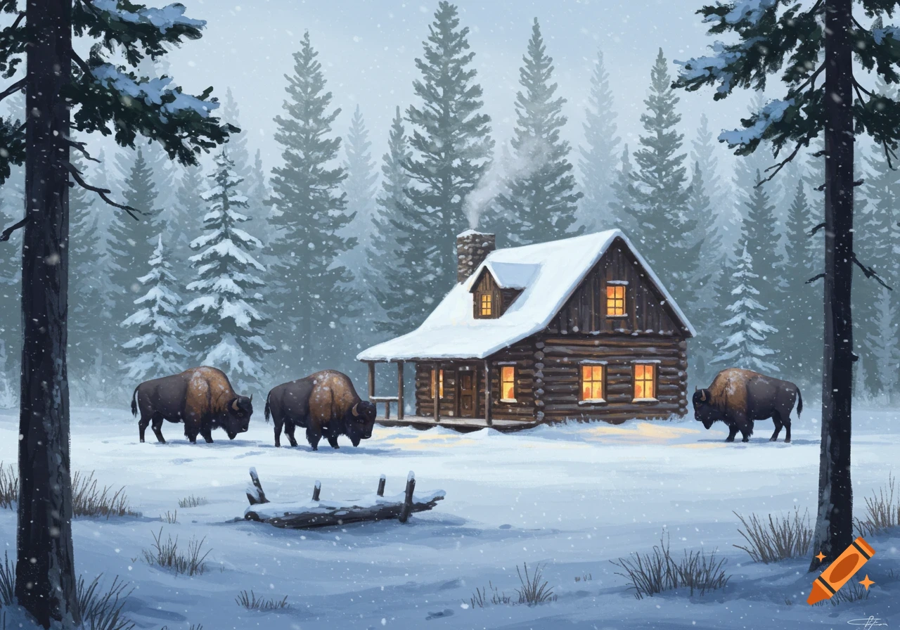 An illustrative winter landscape with a snowy log cabin and three bison in a forest.
