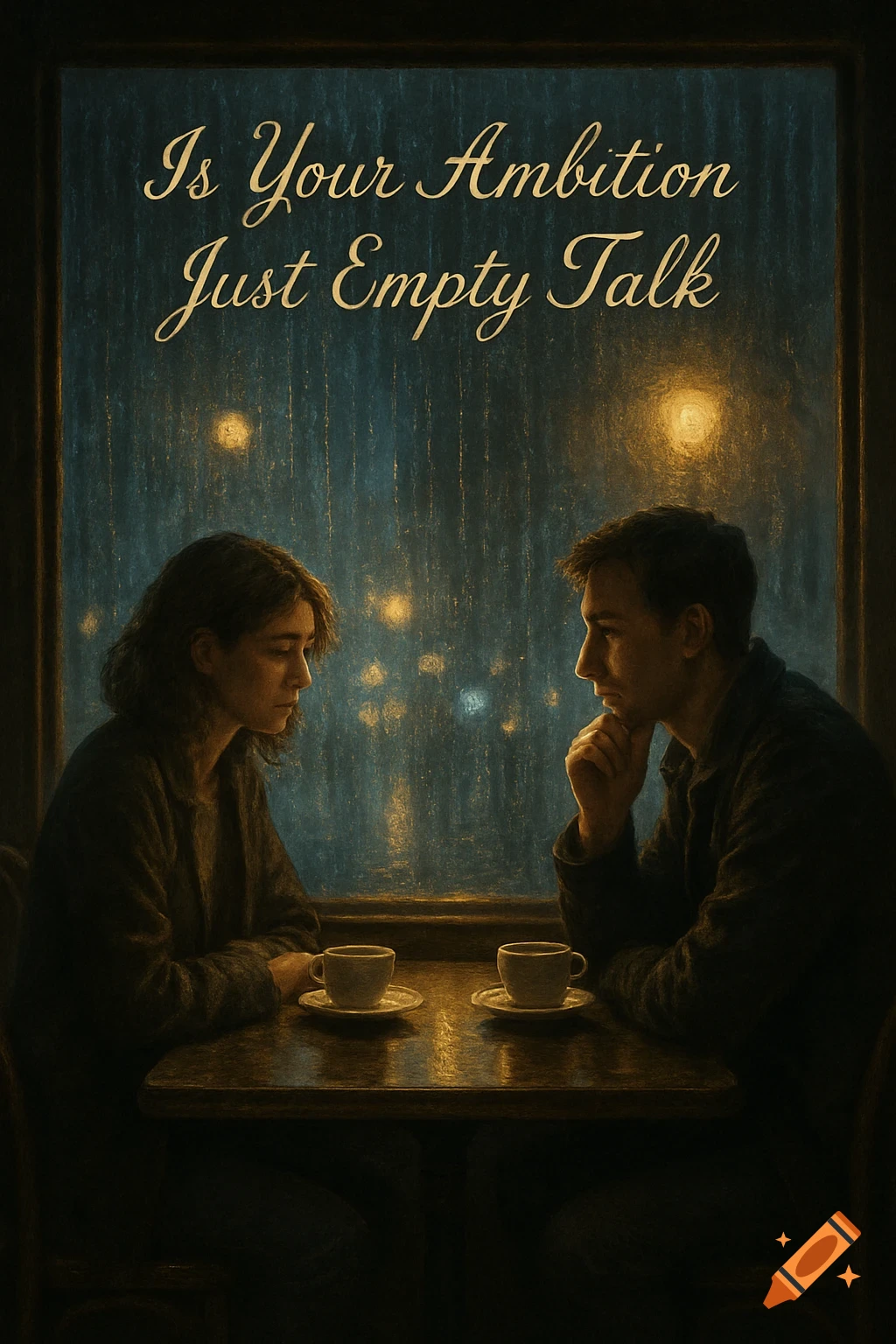 A man and woman sit at a cafe table with coffee, looking out a rainy window at night, with the title 'Is Your Ambition Just Empty Talk' above.