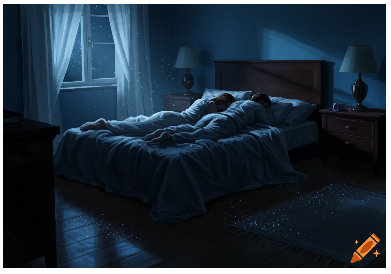 A couple sleeps back to back in a dark bedroom with moonlight and sparkling dust coming through the window. Painted style.