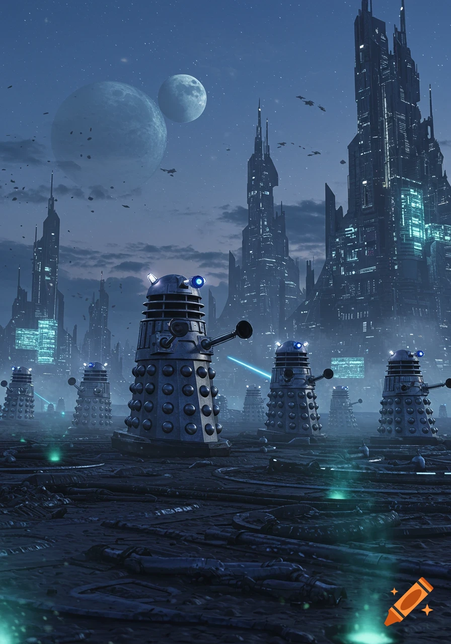 Multiple Daleks stand on a desolate, rocky ground before a futuristic city under a night sky with two large planets.