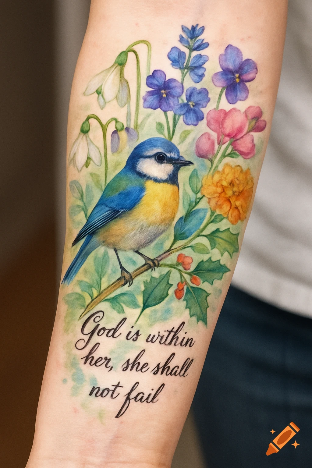A colorful watercolor-style forearm tattoo depicting a blue and yellow bird on a branch surrounded by snowdrops, violets, pink flowers, and orange flowers, with holly berries. Underneath, the text reads: God is within her, she shall not fail.