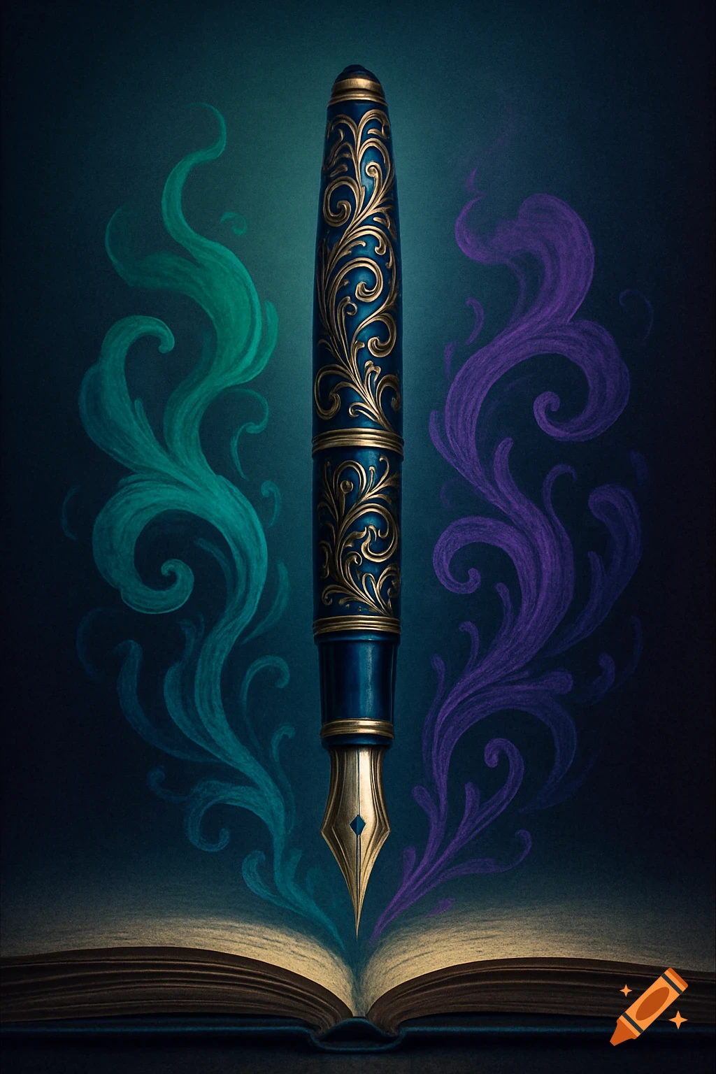 An ornate blue and gold fountain pen floats above an open book, with swirling teal and purple smoke rising from it on a dark background.