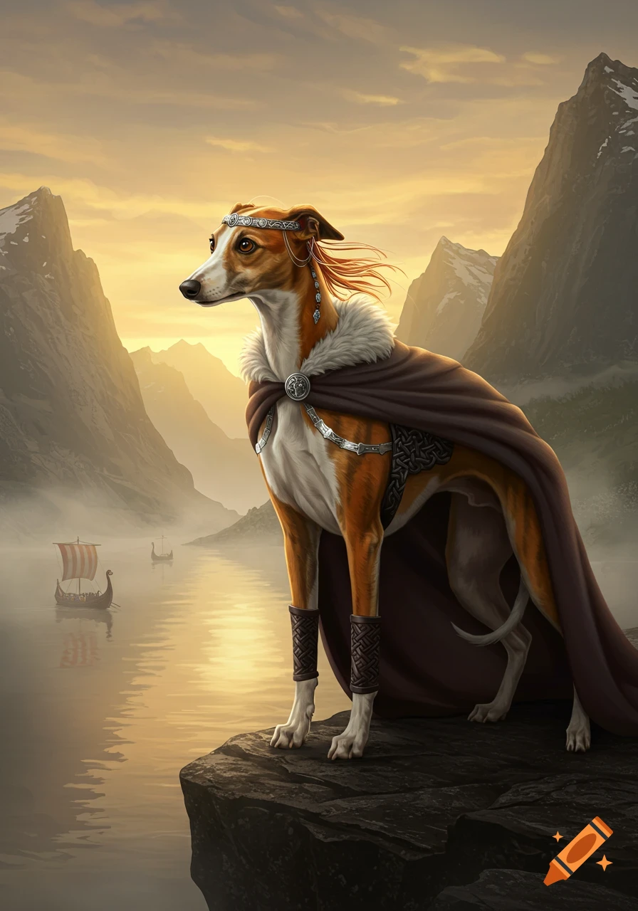 A whippet dog dressed as a Viking queen stands on a cliff overlooking a fjord with longships at sunset.