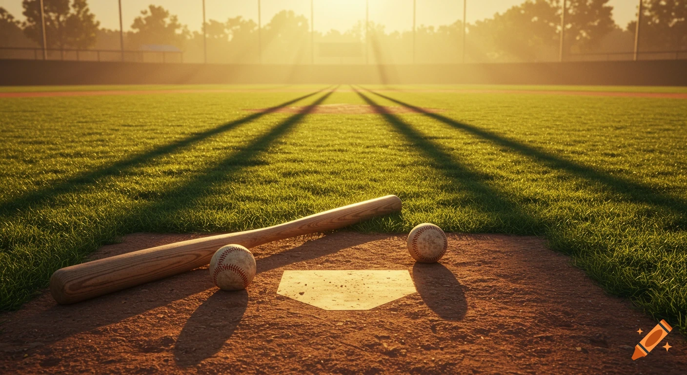 Photorealistic image of a baseball bat and two baseballs on home plate at a golden hour baseball field with long shadows.
