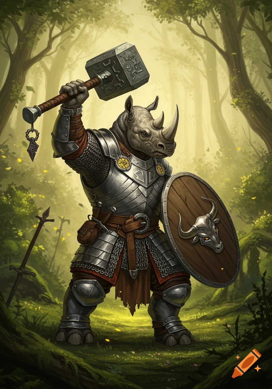 An anthropomorphic rhino warrior in full plate armor, holding a warhammer and a shield with a bull emblem, stands in a mystical forest.