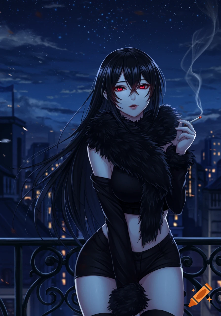An anime woman with long black hair and red eyes, wearing a black crop top and shorts, smoking on a balcony at night.