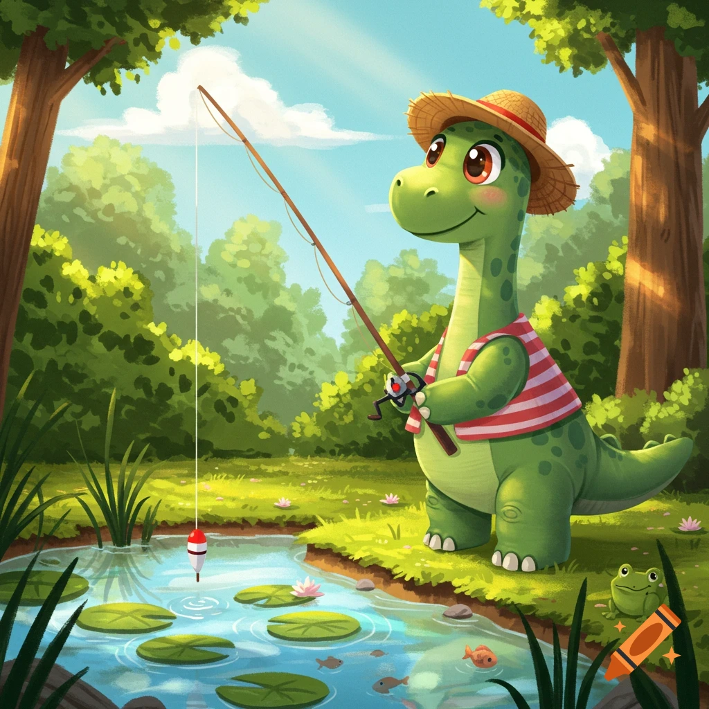 A cute green cartoon brontosaurus wearing a straw hat and striped shirt, fishing in a pond in a sunny forest.