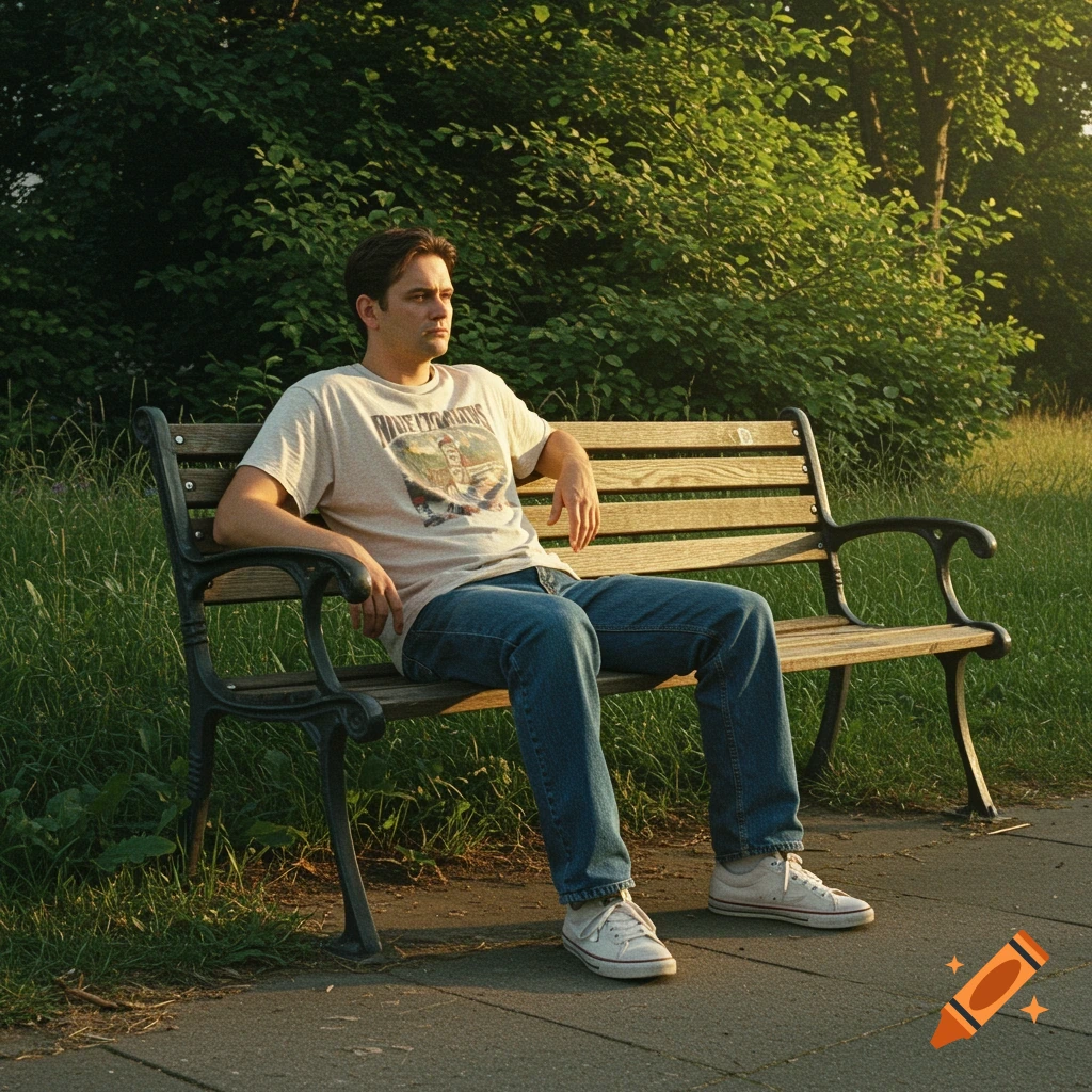 A man in a casual outfit sits on a park bench, looking to the side in a photorealistic style.